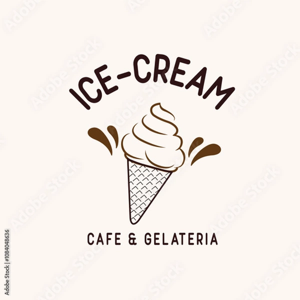 Fototapeta Creative ice-cream shop logo design,vector emblem. Soft ice cream in wafer cone with sweet chocolate syrup drops for Italian gelato and ice cream shop or cafe menu