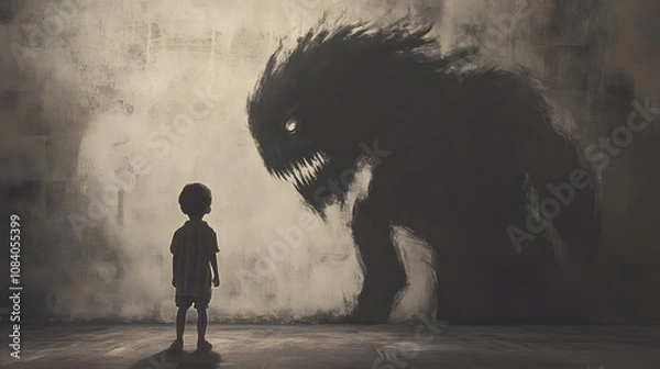Fototapeta A child confronts a looming shadow monster in a dark setting