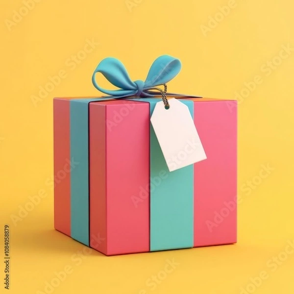 Fototapeta A colorful gift box with a ribbon and tag, perfect for celebrations and special occasions.