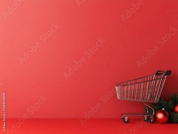 Fototapeta Empty shopping cart with Christmas decorations against a vibrant red background.