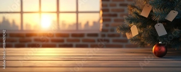 Fototapeta Cozy Christmas scene with a decorated tree and warm morning sunlight filtering through windows.