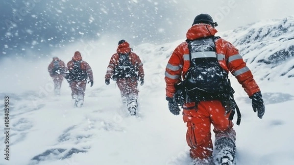 Fototapeta A group of mountain rescuers in front of snow-covered mountains during a huge snowstorm.