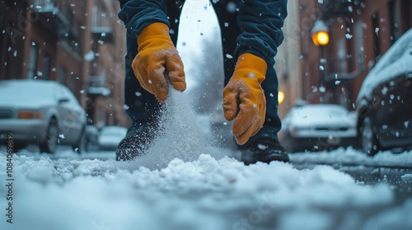 Fototapeta City worker wearing gloves spreads salt on a slippery, icy sidewalk during winter, helping prevent accidents and ensuring pedestrian safety in snowy conditions