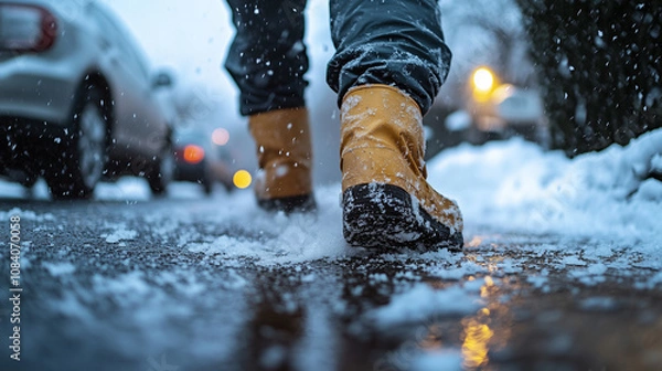 Fototapeta City worker wearing gloves spreads salt on a slippery, icy sidewalk during winter, helping prevent accidents and ensuring pedestrian safety in snowy conditions
