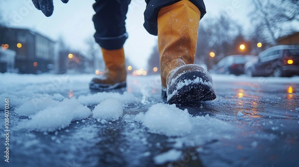 Fototapeta City worker wearing gloves spreads salt on a slippery, icy sidewalk during winter, helping prevent accidents and ensuring pedestrian safety in snowy conditions
