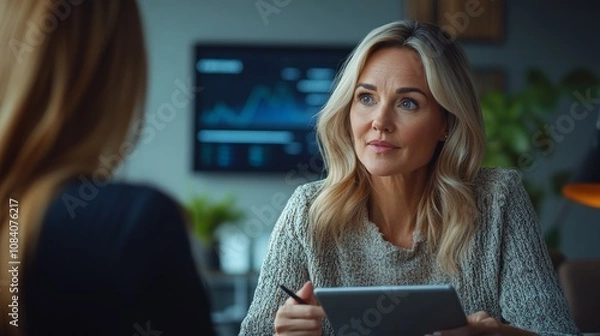 Obraz A female financial advisor consulting with a client in a well-lit office, explaining investment options using a digital tablet. The client listens attentively while taking notes.