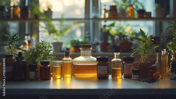 Fototapeta A creative blend of traditional herbal medicine and modern scientific equipment in a well-lit lab