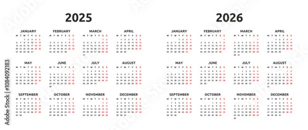 Obraz Calendar 2025 and 2026 year. Monday first, two weekends. Simple calender layout. Desk planner template with 12 months. Yearly diary
