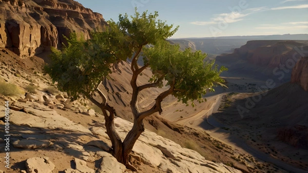 Obraz Majestic view of desert canyon at sunset. Lone Prosopis tree on cliff edge, dramatic shadows. Hyper-realistic landscape, 16:9 proportion. Perfect for nature documentaries, travel blogs.