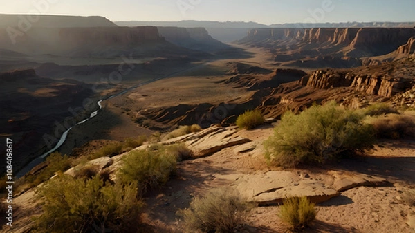 Obraz Hyper-realistic expansive desert canyon landscape. Evening light, dramatic shadows, cliff view. 16:9 proportion. Suitable for website banners, nature backgrounds or travel blogs.