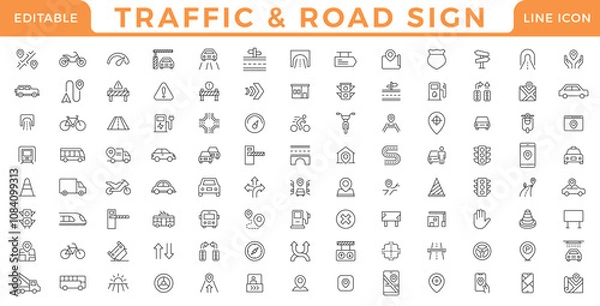 Obraz Traffic and road line icons collection. Street, transport,traffic sign, fuel, vehicle, location, car service icons.Traffic and Road signs. Stroke line icon collection