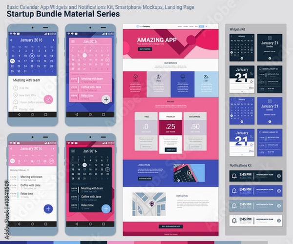 Fototapeta Startup Bundle Material Series. Mobile App UI and Landing Page 