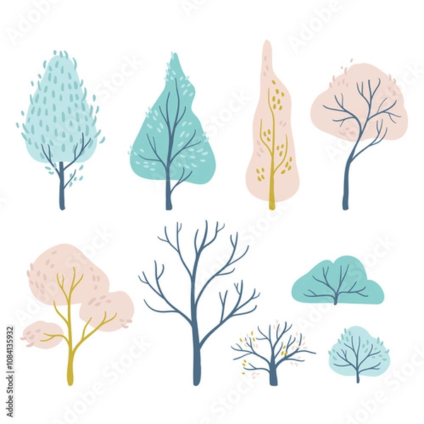 Obraz a set of different cartoon trees drawn by hand.  lovely trees in pastel colors. Scandinavian decor for the children's room