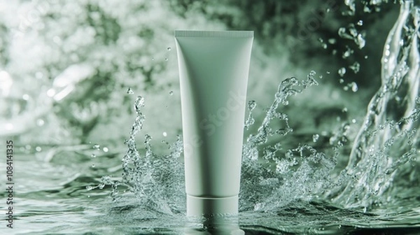 Fototapeta Blank cream tube mockup falling underwater, surrounded by cinematic splashes against a light green background