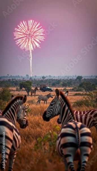Fototapeta fireworks New watching Eve zebras Year's from reserve 2025 distance savannah wildlife monitoring systems advanced herd