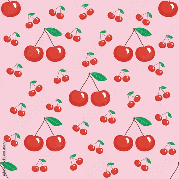 Fototapeta Seamless pattern of red cherry on a pink background
