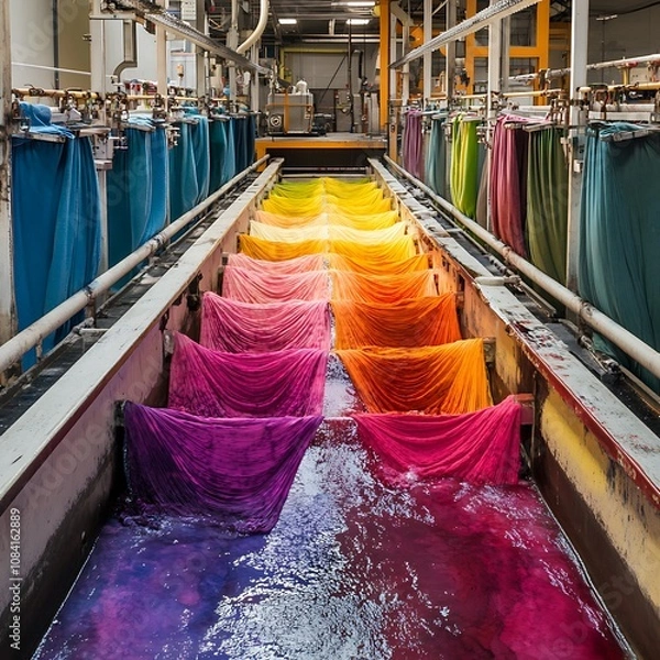 Obraz Vibrant fabric dyeing process textile factory industrial photography colorful environment close-up view textile production concept