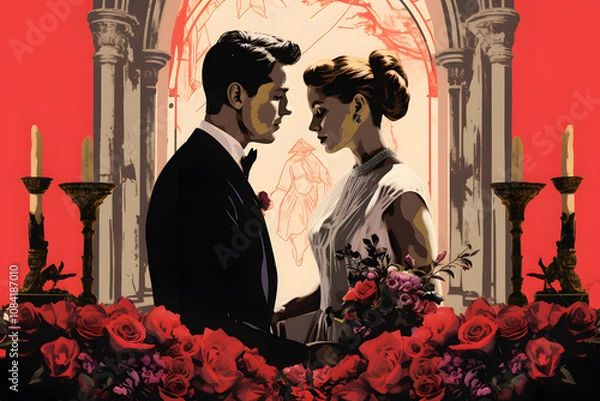 Obraz pop art style illustration of a couple marrying at the altar