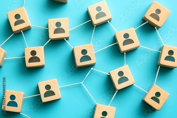 Obraz Interconnected Wooden Blocks Representing Social Network Connections.