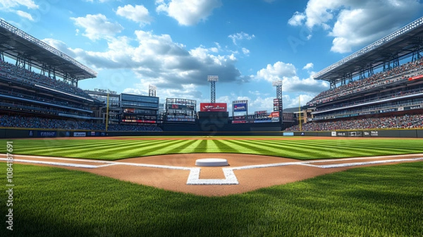Fototapeta 3D Render of a Full Baseball Stadium on a Sunny Day with Crowds, showcasing the field, stands, and scoreboards