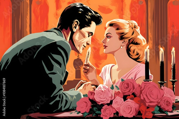 Obraz pop art style illustration of a couple marrying at the altar