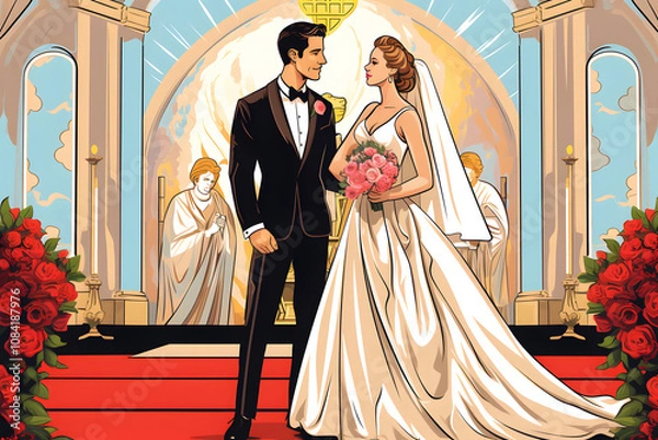Obraz pop art style illustration of a couple marrying at the altar