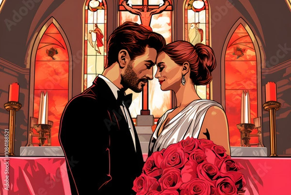 Obraz pop art style illustration of a couple marrying at the altar