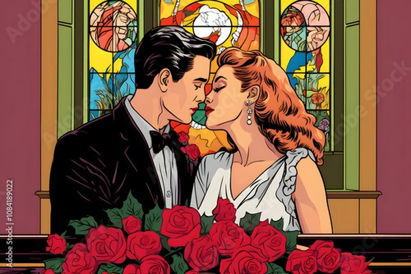 Obraz pop art style illustration of a couple marrying at the altar