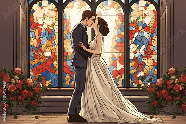 Obraz pop art style illustration of a couple marrying at the altar