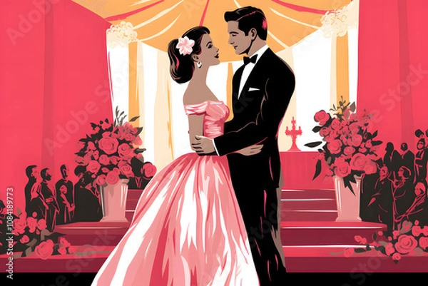 Obraz pop art style illustration of a couple marrying at the altar