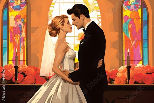 Obraz pop art style illustration of a couple marrying at the altar