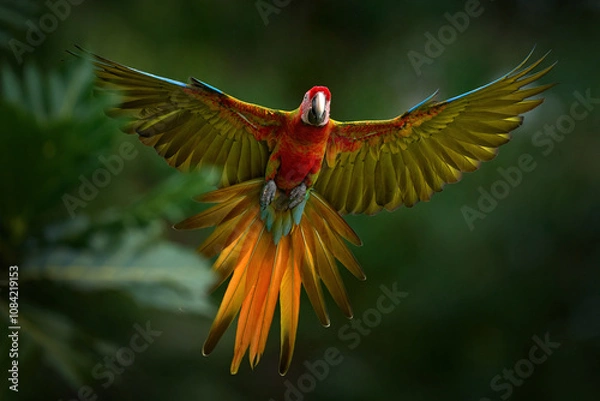 Fototapeta Hybrid parrot in the jungle forest. Rare form Ara macao x Ara ambigua, scarlet and green macaw form, Costa Rica. Wildlife scene from tropical nature. Bird in fly, jungle.