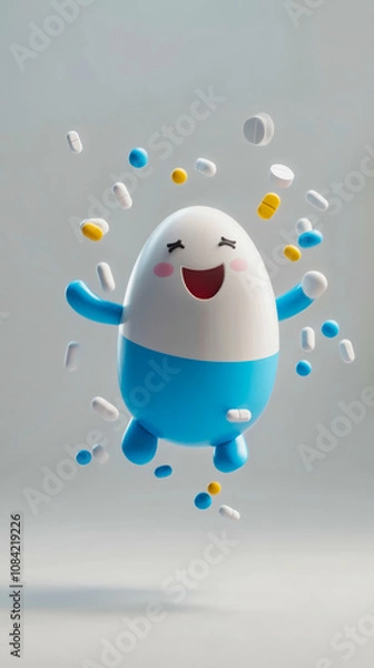 Obraz Cheerful blue and white pill mascot surrounded by colorful flying capsules