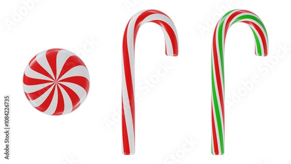 Fototapeta Christmas Candy Cane Set with Peppermint Swirl on Transparent Background.