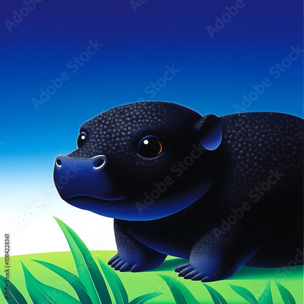 Obraz Cute baby pygmy hippo sitting on green grass under blue sky, showcasing its round face and large eyes, evoking sense of wonder and joy