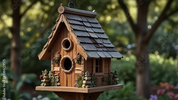 Obraz A charming wooden birdhouse with a shingled roof and decorative accents hangs from a tree branch in a lush garden.