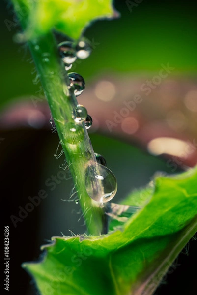 Fototapeta Dew on the stalk of the red rose tree, dew on a leaf