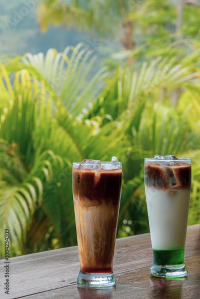Fototapeta Enjoy minimally processed coffee-based ingredients at the forest edge cafe, cocktail on the table