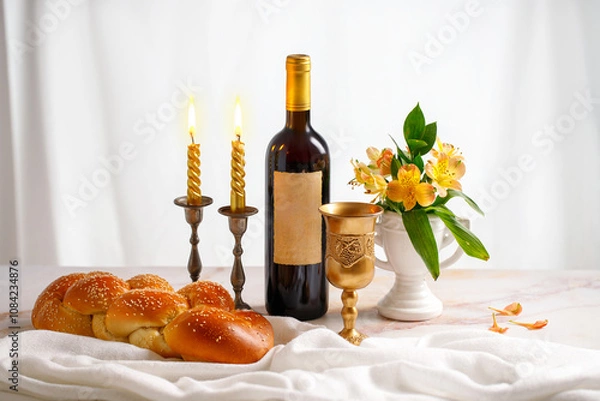 Obraz Challah bread, shabbat wine and candles on white bacground. Traditional Jewish Shabbat ritual. Shabbat Shalom.