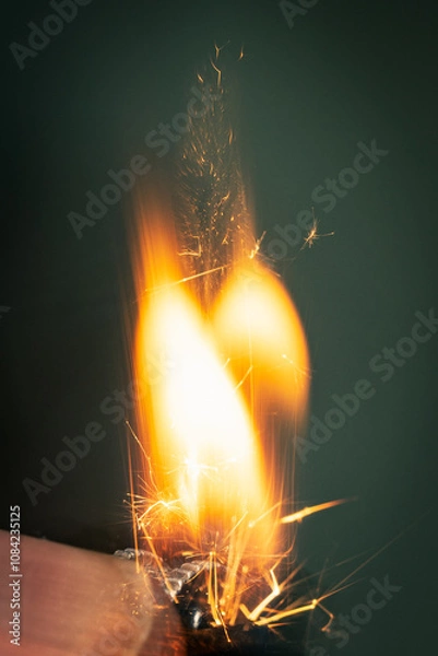 Fototapeta Sparks and flames produced from gas matches, burning match on black