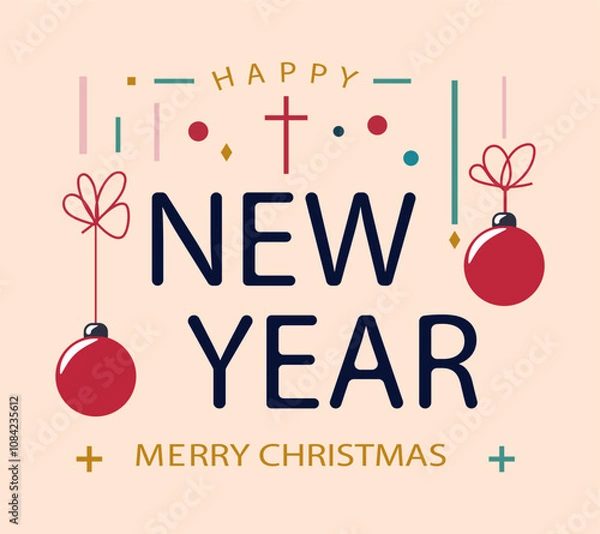 Fototapeta New year and merry christmas postcard with different colorful elements and christmas toys on bright background