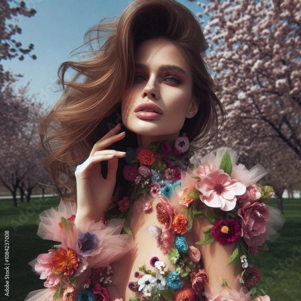 Fototapeta Elegant model adorned with vibrant floral attire in a cherry blossom garden on a sunny spring day