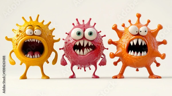 Fototapeta Colorful cartoon germs with exaggerated features posing together on a plain background