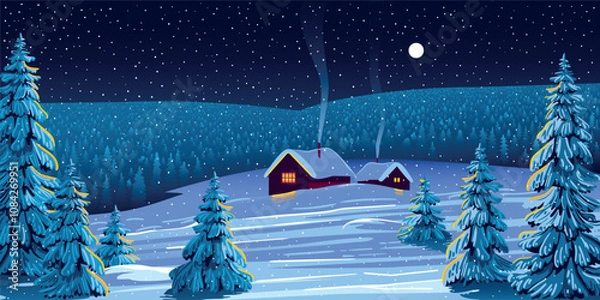 Obraz Winter season landscape night panorama with village under the snow in the first plan and forest in the background. Handmade drawing vector illustration. Can be used for christmas gifts, decorations.