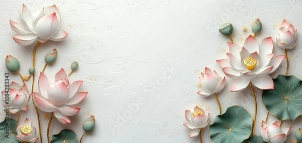 Fototapeta Elegant Lotus Flower Symmetry on Textured Off-White Background with Gold Accents - Serene Botanical Art for Home Decor and Relaxation