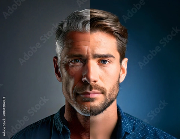 Fototapeta Portrait comparing young and old man, highlighting aging process