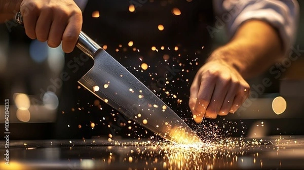 Obraz A chef sharpening a knife with a steel, causing sparks to fly