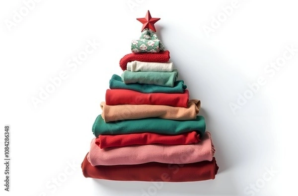 Fototapeta A Christmas card. A stack of clothes stacked on top of each other in the form of a Christmas tree, with a star on top. The background is white