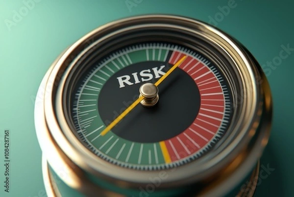 Fototapeta Precision Risk Management Meter - Close-up Gauge with 'RISK' Needle on Teal Background - Financial Control Concept