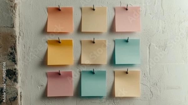 Fototapeta Pastel Serenity Closeup of Symmetrical Grid with Blank Sticky Notes on Textured Wall - Minimalist Organization and Planning Concept